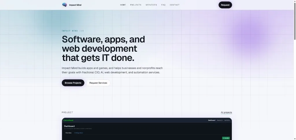 Impact Mind homepage with the headline Software, apps, and web development that gets IT done.