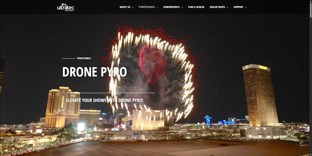 Ultratec FX homepage with the Drone Pyro headline over a nighttime Las Vegas skyline.